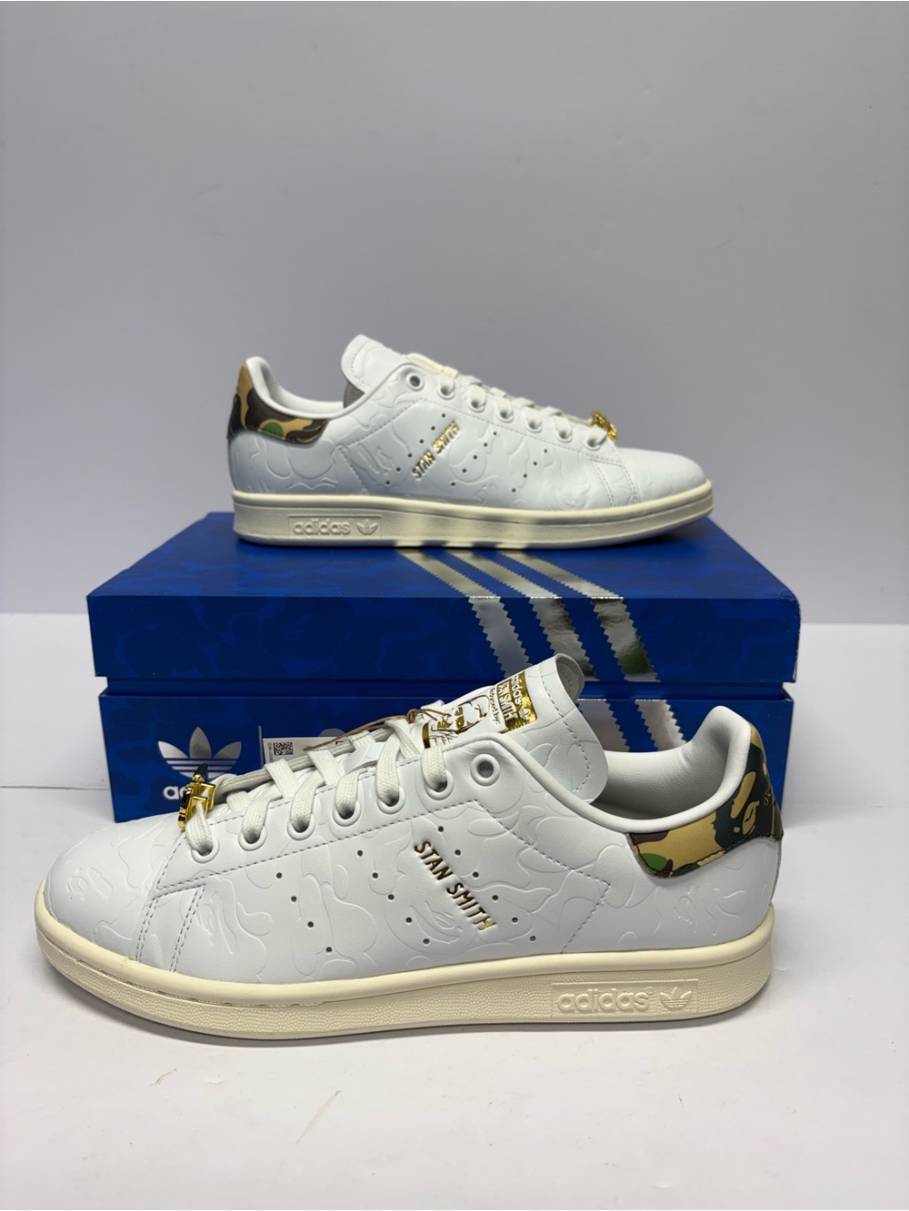 adidas Stan Smith White Sneakers with Gold Accents and Camo Heel